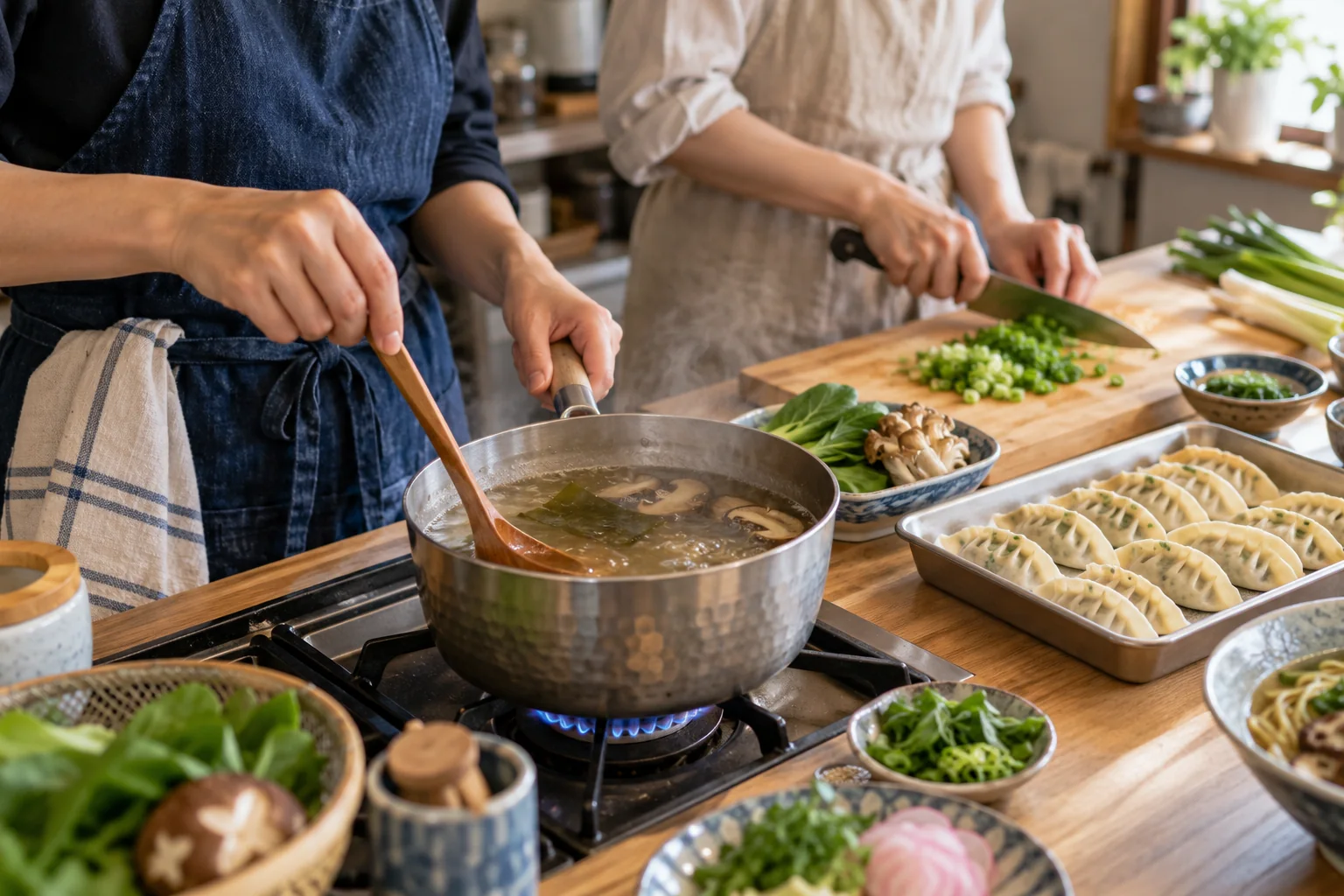 Mani mescolano un brodo vegetale e tagliano cipollotti mentre gyoza vegetali attendono accanto; scena AI illustrativa, non scattata al corso Klook.