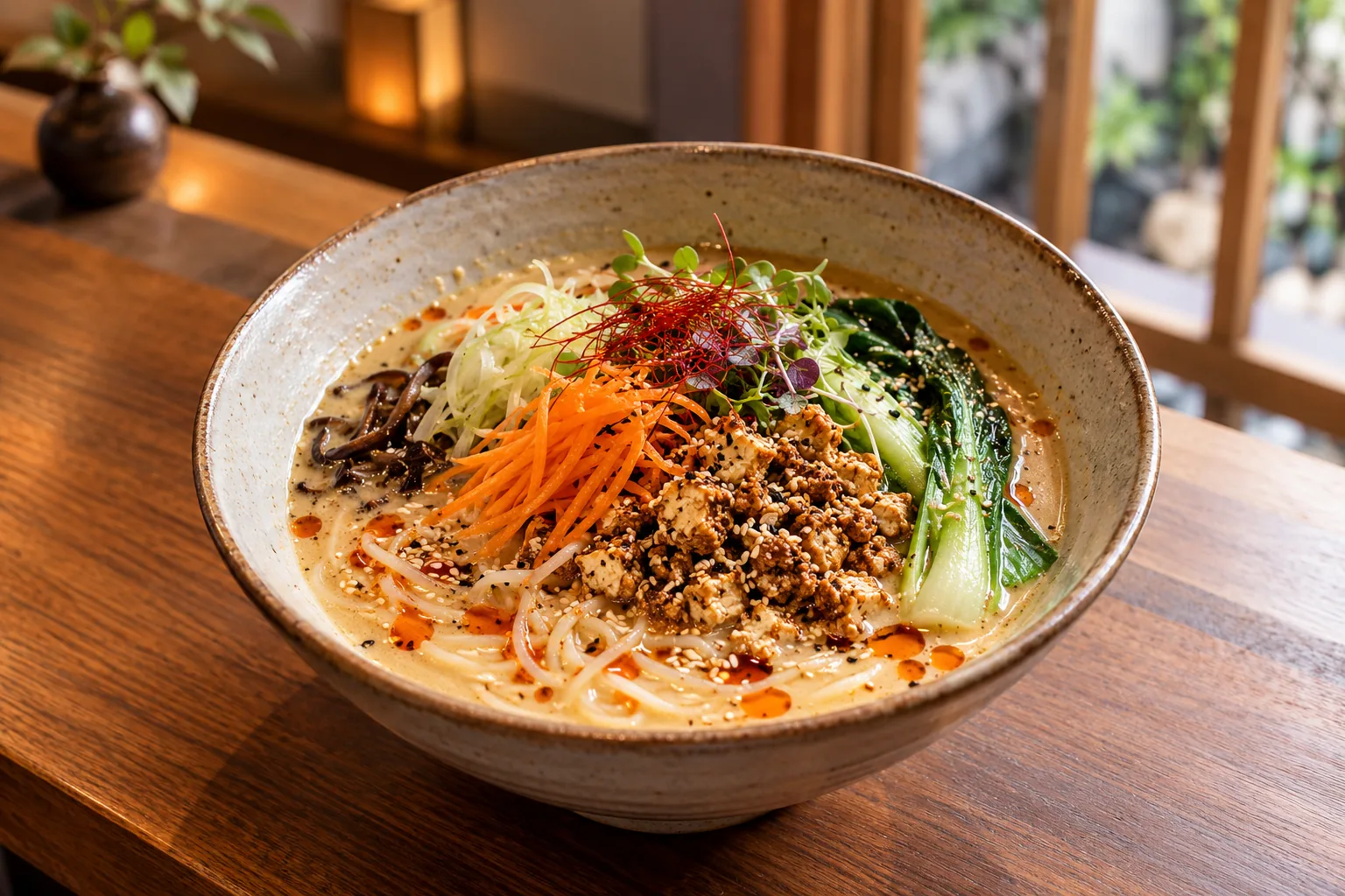 Ciotola illustrativa di ramen vegan con brodo cremoso al sesamo, noodles di riso, verdure e semi di sesamo.