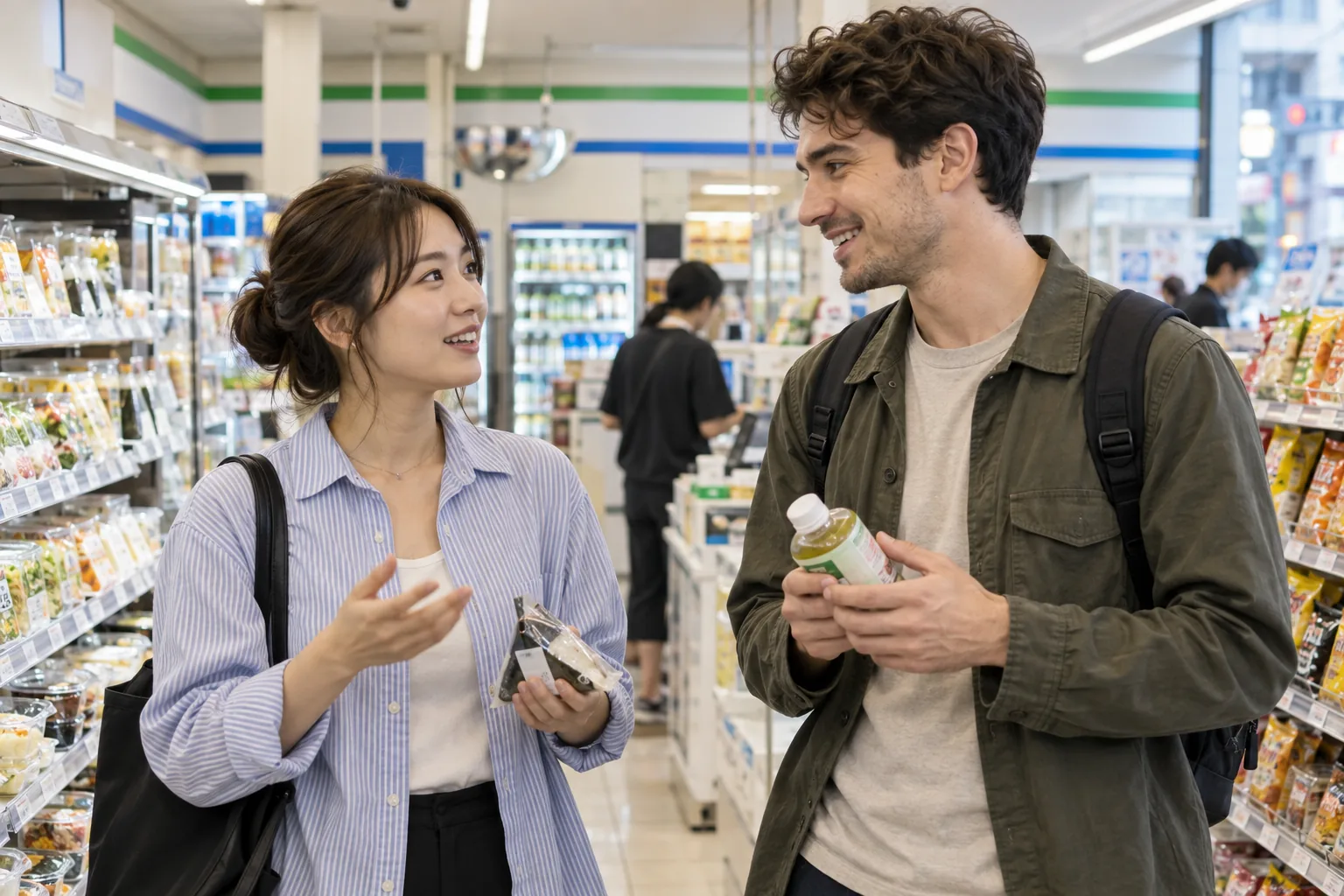 Due persone si allenano a parlare giapponese durante una conversazione in un FamilyMart.
