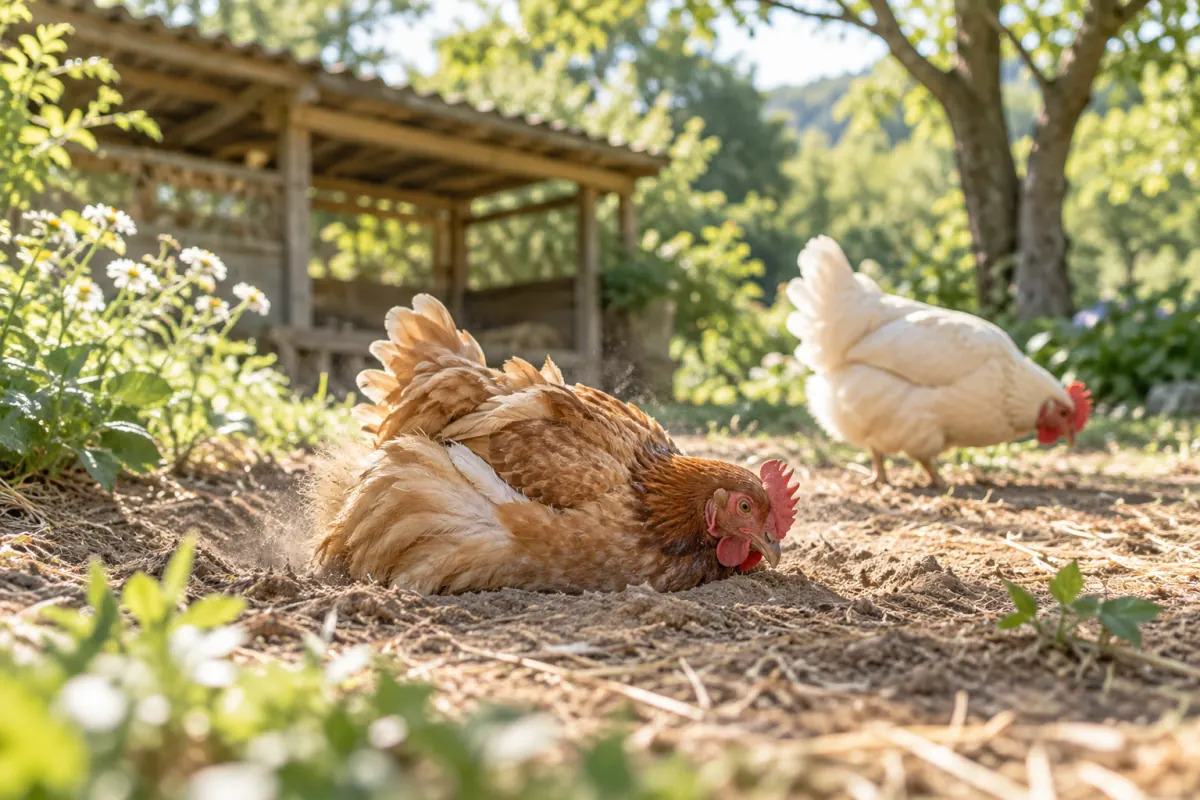 Una gallina fa un bagno di polvere in un cortile tranquillo; immagine AI illustrativa, non tratta dal film o dal santuario.