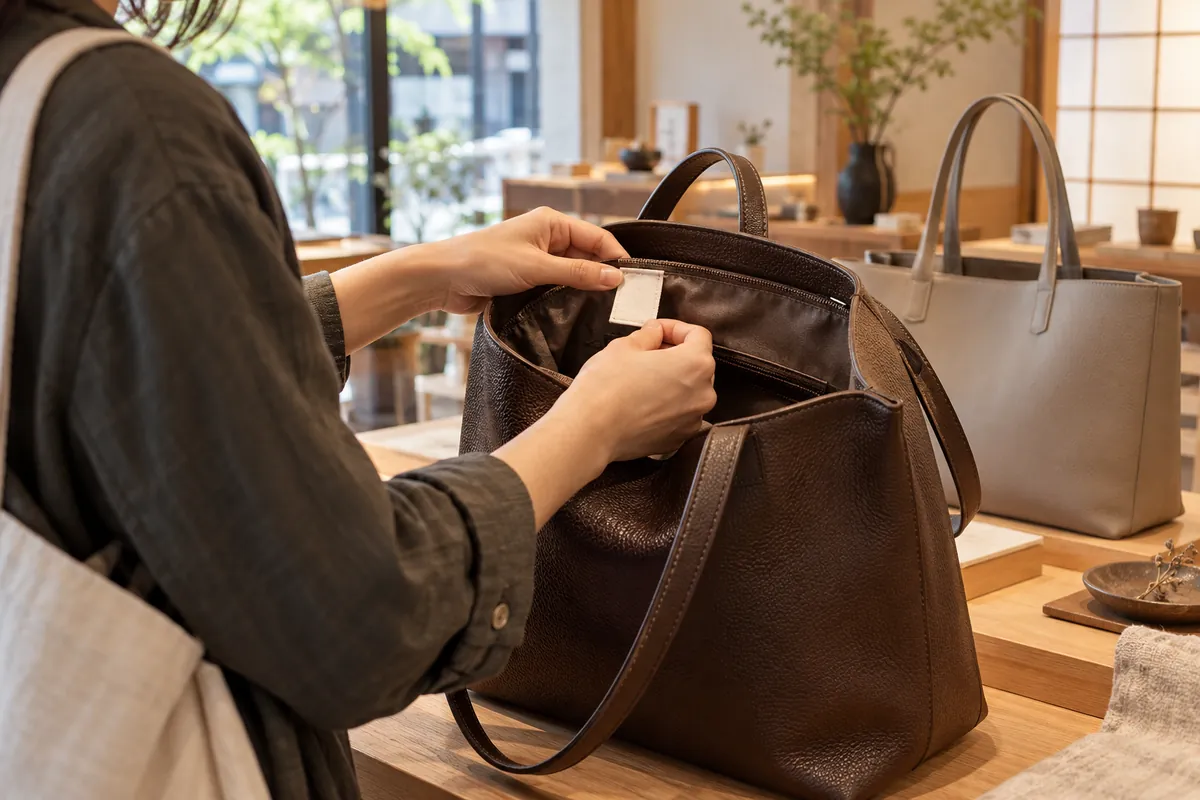 Una persona controlla l'etichetta all'interno di una borsa effetto pelle in una boutique generica; immagine AI illustrativa, non ritrae FUMIKODA o il modello ALEX.