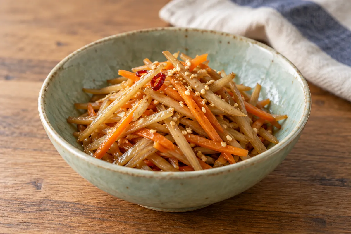 Ciotola di ceramica con kinpira gobo, bastoncini lucidi di bardana e carota al sesamo; immagine illustrativa generata con AI.