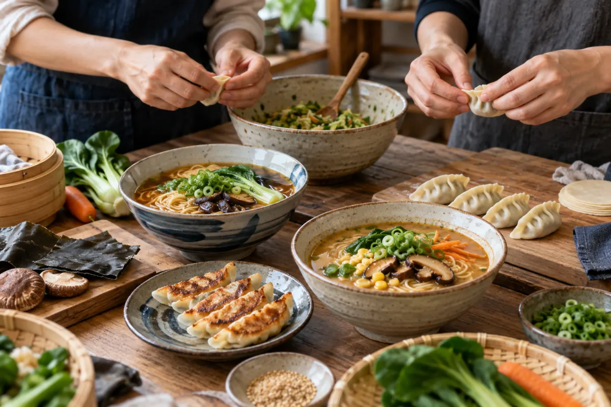 Mani preparano gyoza vegetali accanto a due ciotole di ramen shoyu e miso in una scena illustrativa generata con AI, non scattata al corso di Kyoto Green Cuisine.