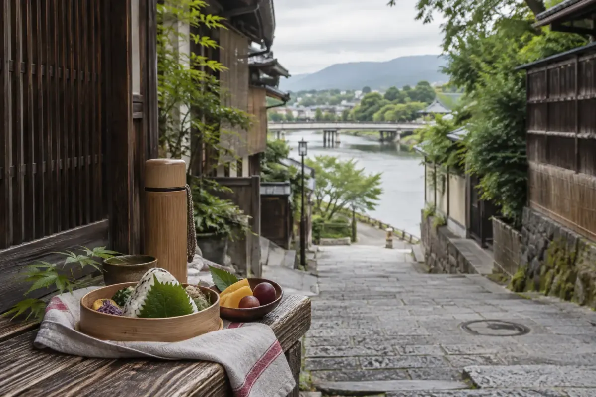 Onigiri vegan e borraccia in bambù su una strada di Kyoto verso il fiume Kamo