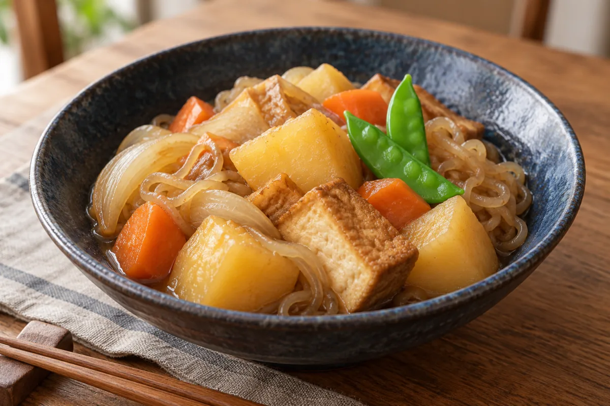 Ciotola di nikujaga vegan con patate, carote, cipolla, shirataki e cubetti di tofu fritto in brodo di soia; immagine illustrativa generata con AI.