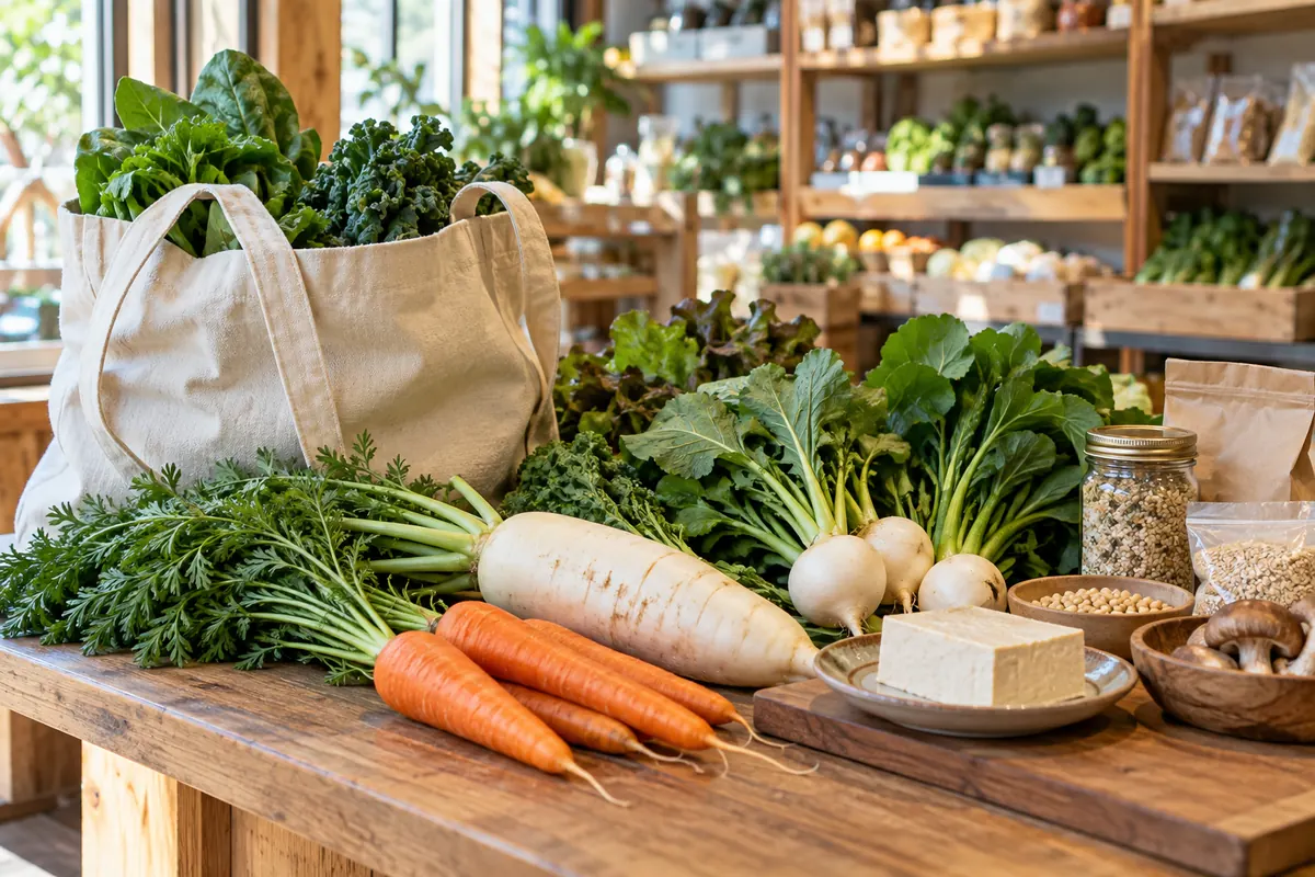 Borsa di tela con daikon, carote, verdure a foglia, tofu e alimenti confezionati senza marchi, in un market di quartiere.