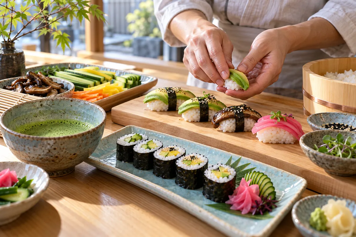 Mani modellano nigiri e maki con verdure accanto a una tazza di matcha in una scena editoriale illustrativa generata con AI.