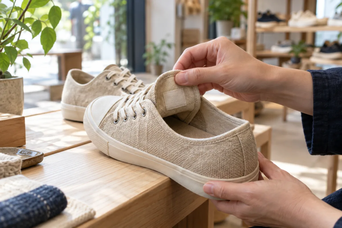 Mani aprono la linguetta di una sneaker in tessuto per controllare l’etichetta interna.