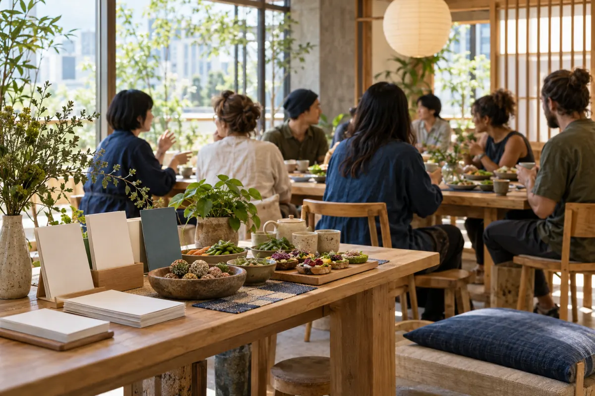 Persone adulte conversano attorno a un tavolo con snack vegetali in un caffè luminoso: scena generica generata con AI, non raffigura l’evento reale.
